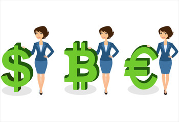 Business woman and big dollar, euro and bitcoin logo icon. Vector illustration. Businesswoman. Business lady.