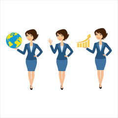 Fototapeta premium Modern business woman concept. Vector illustration. Diagram, globe.Businesswoman. Business lady. 