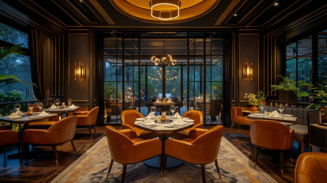 Elegantly hotel dining room, radiating sophistication and inviting ambiance for a luxurious dining experience 