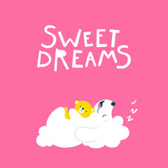 Obraz premium Cute dog sleeps with a toy teddy bear. Friendly Greeting Card - Sweet Dreams. Vector illustration of a white animal on a pink background in simple cartoon hand-drawn style