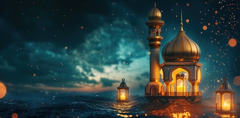 Majestic Mosque Dome and Crescent Moon Illustration with Ample Copy Space, Crafted by Generative AI - obrazy, fototapety, plakaty