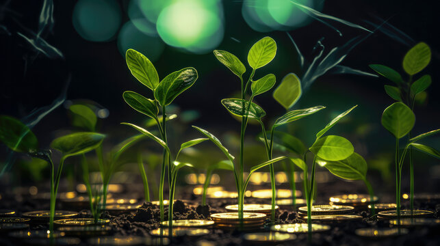 Economic Upturn: Green Shoots Emerging from Coin Piles Representing Positive Financial Development. Ideal for Business and Investment Concepts sustainable investment 
