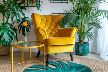 Modern cozy armchair interior design home living room or color wall furniture decor. Stylish trendy minimal chair and table with house decoration luxury contemporary background. Furniture store ads .