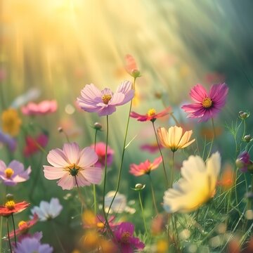 Beautiful field of colorful cosmos flower in a meadow in nature in the rays of sunlight in summer in the spring close-up of a macro. A picturesque colorful artistic image with a soft focus