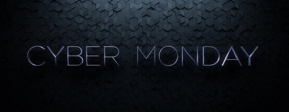Luxury Banner with Thin, Silver 3D Words on Diamond tiles. Cyber Monday Background with copy-space.