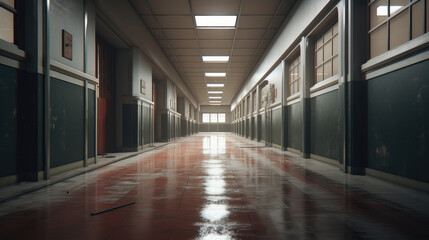 Empty school corridor,.Minimalist school corridor with clean lines and empty spaces, creating a serene atmosphere for academic inspiration - Powered by Adobe