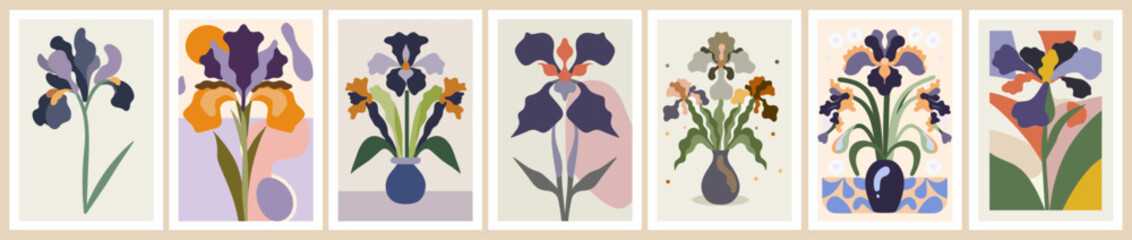 Abstract flower posters set. Trendy botanical wall arts with Iris, January birth month flower in hippie style. Modern naive groovy funky interior paintings. Colorful flat vector illustrations.  - obrazy, fototapety, plakaty