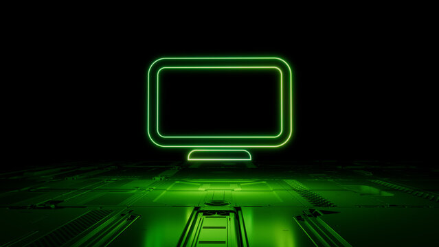 Green Display Technology Concept with Monitor symbol as a neon light. Vibrant colored icon, on a black background with high tech floor. 3D Render