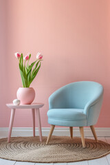 Fototapeta premium Modern cozy armchair interior design home living room or color wall furniture decor. Stylish trendy minimal chair and table with house decoration luxury contemporary background. Furniture store ads .