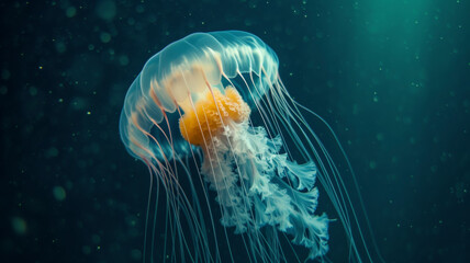 Encounter a phantom in the abyss as a translucent jellyfish drifts silently, a ghostly presence navigating the deep ocean currents with grace - obrazy, fototapety, plakaty