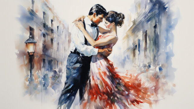 Enchanting Tango: In vibrant watercolors, a tango comes to life, the passionate dance portrayed through dynamic washes that mirror the intricate steps.