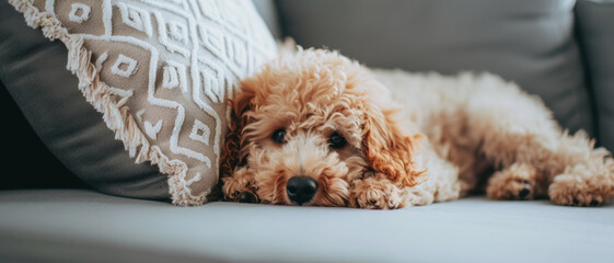 A poodle rests on a couch, comfort in the quiet corners of home