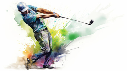 Amateur golfer hits a 5 iron off the fairway with  power and blind ambition amongst the coloured washes of the illustration