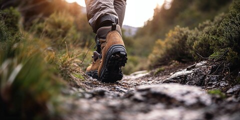 Close-Up of Walking Boots on a Nature Trail. Active Lifestyle Concept.