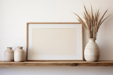Simple wooden shelf with empty picture frame mockup, and ceramic vase with dried plants