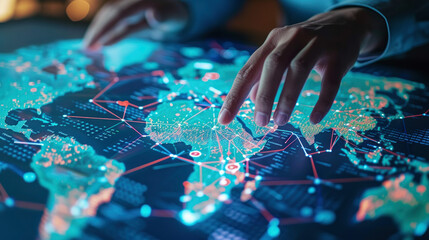 A close-up view of a financial analyst's hands navigating through international markets on a touchscreen table, revealing complex financial networks and global investment patterns.