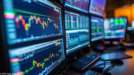 Explore the detailed setup of a stock trader's desk, featuring live global stock exchange data and currency rates across multiple screens, highlighting intense focus and strategic decision-making. - obrazy, fototapety, plakaty