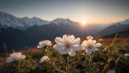 Foto op Canvas white mountain flower with snowy peaks in the background © Amir Bajric