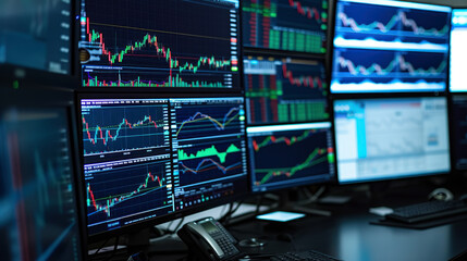 A stock trader's world: Multiple screens display real-time economic news, market trends, and currency rates, emphasizing the critical analysis and concentration required in trading. - obrazy, fototapety, plakaty