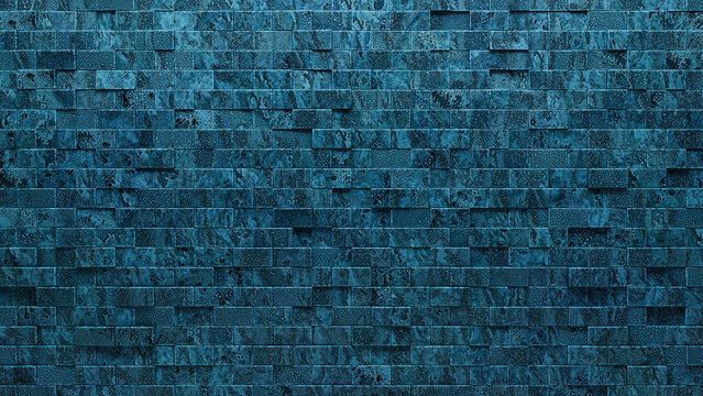 Blue Patina, Textured Mosaic Tiles arranged in the shape of a wall. 3D, Rectangular, Blocks stacked to create a Glazed block background. 3D Render