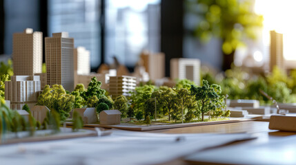 Explore the detailed workspace of an urban planner focused on sustainable city developments, featuring blueprints and models for green infrastructure and eco-friendly growth. - obrazy, fototapety, plakaty
