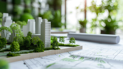 The essence of eco-friendly urban development captured through the lens of an urban planner's workspace, highlighting sustainable architecture and green planning solutions.