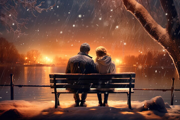 Verliebtes Paar sitzt auf einer Bank in der Nacht und beobachtet den Sternenhimmel
 - obrazy, fototapety, plakaty