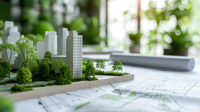 The essence of eco-friendly urban development captured through the lens of an urban planner's workspace, highlighting sustainable architecture and green planning solutions.