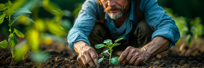 An adult man is engaged in growing tomatoes. The farmer takes care of the seedlings. - obrazy, fototapety, plakaty