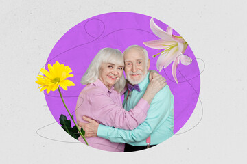 Fototapeta premium 3d retro abstract creative artwork template collage of cute pensioner couple embrace flowers fantasy billboard comics zine minimal