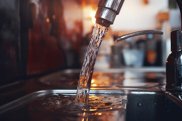 Fresh tap, water coming out of kitchen tap. A sleek stainless steel faucet delivers pure liquid refreshment. Simplicity captured in liquid motion.