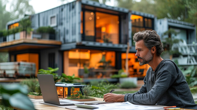 A man is working at a computer against the background of a container house, an architect of modular houses.
