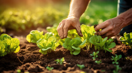Naklejka na ściany i meble Farmer's Hand Planting checking young Lettuce Seedlings in Vegetable field