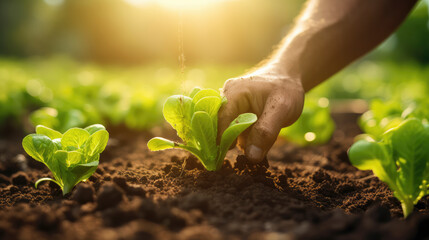 Obraz premium Farmer's Hand Planting checking young Lettuce Seedlings in Vegetable field