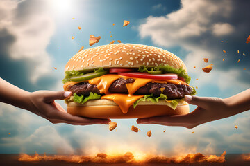 Dos manos teniendo una deliciosa hamburguesa con queso cheddar, papas fritas con cielo de fondo.  - obrazy, fototapety, plakaty