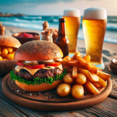 Deliciosa hamburguesa con queso cheddar, papas y 2 cerveza fría en una playa paradisiaca - obrazy, fototapety, plakaty