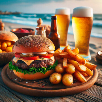 Deliciosa hamburguesa con queso cheddar, papas y 2 cerveza fr&iacute;a en una playa paradisiaca