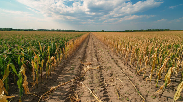 Fields of crops scorched by extreme heat, showcasing the susceptibility of agriculture to changing climate patterns.