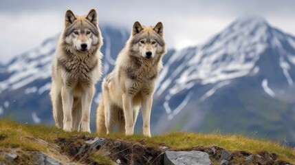 the wolf is standing with the mountain in the background