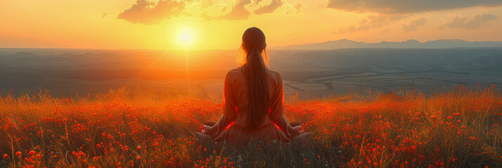 A girl sits in a flower meadow in a meditation pose and looks into the distance, a view from the back of a meditating girl in the mountains.