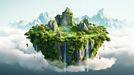 Flying land with beautiful landscape, green grass and waterfalls mountains, floating forest island isolated with clouds - obrazy, fototapety, plakaty