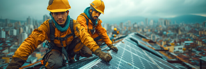 Workers in special clothes are installing solar panels on the roof of the building. - obrazy, fototapety, plakaty