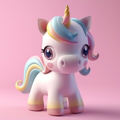 3D Rendering Of A Charming Cartoon Baby Unicorn Featuring A Flat Logo. Concept Charming Cartoon Baby Unicorn, 3D Rendering, Flat Logo Design
