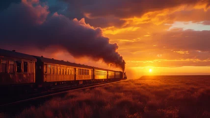 Foto op Canvas Steam train and carriages reflecting a breathtaking sunset, symbolising the beauty of railway journeys.  © David