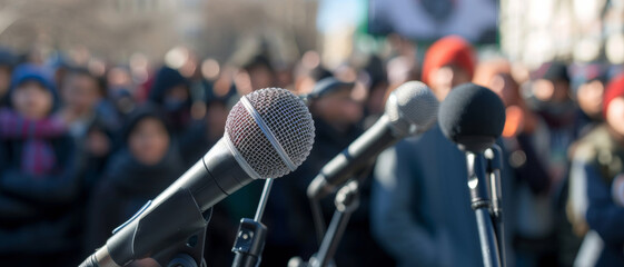 Microphones await speakers against a backdrop of an expectant crowd, poised for a public debate