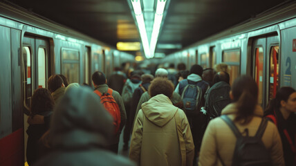 Rush Hour. The hustle of urban transit, as commuters board a city train for their journeys. 