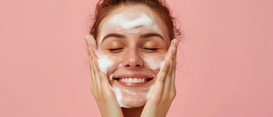 A young woman enjoys her skincare routine, her face covered in soap suds, eyes closed with a smile - obrazy, fototapety, plakaty