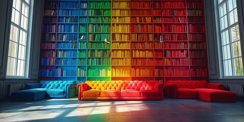 A Colorful Spectrum Of Books Embellishing A Spacious Home Library. Concept Home Library, Book Collection, Spacious, Colorful Spectrum, Embellished - obrazy, fototapety, plakaty