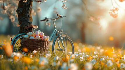 Idyllic Springtime Bicycle Scene.
Peaceful spring scene with a bicycle and a basket of colourful Easter eggs under a blossoming tree.