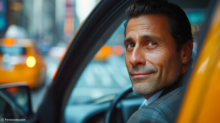 Confident Executive in Taxi.
Mature businessman looking back while seated in a yellow taxi.